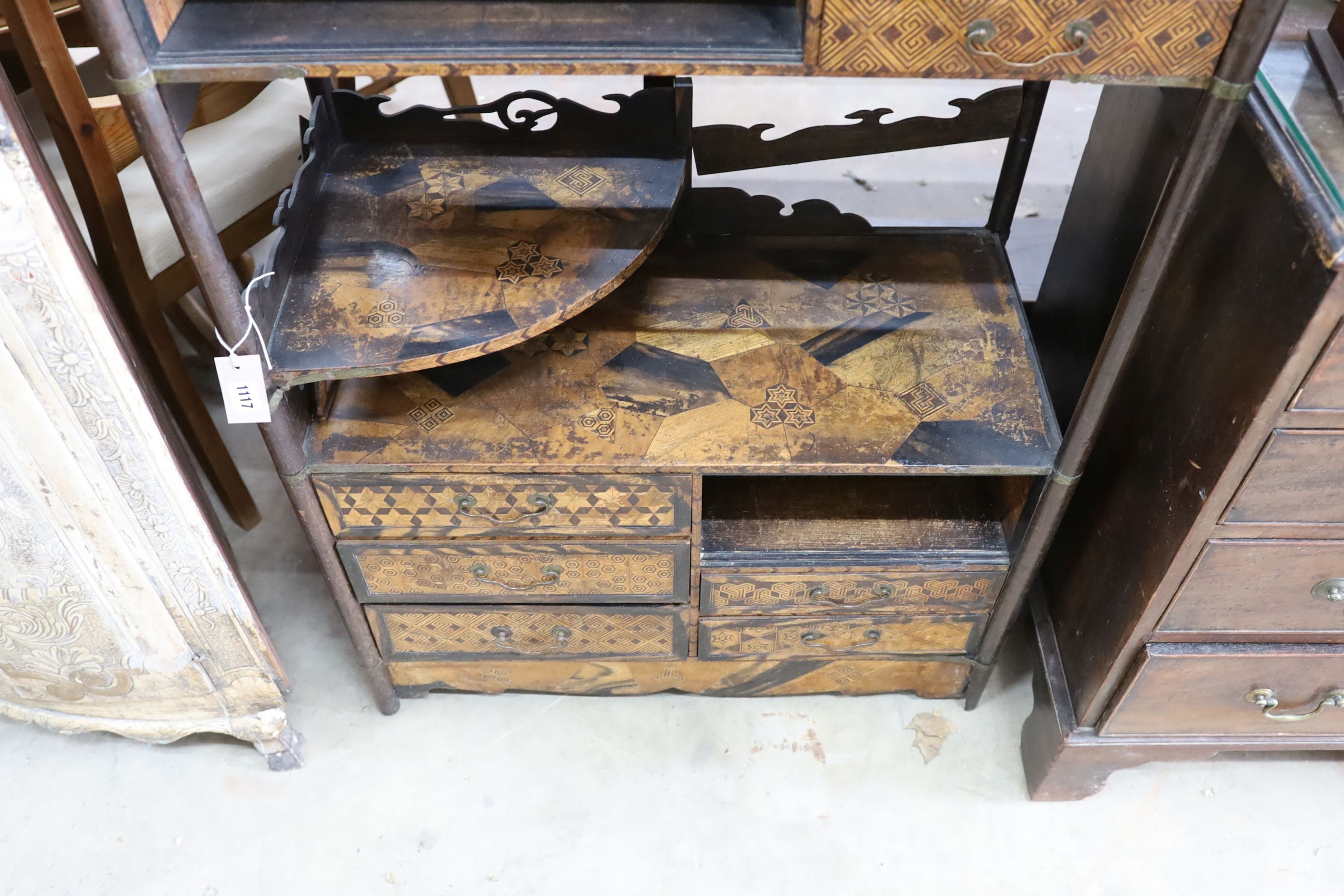 A Japanese inlaid side cabinet, Meiji period (faults), width 76cm, depth 36cm, height 124cm